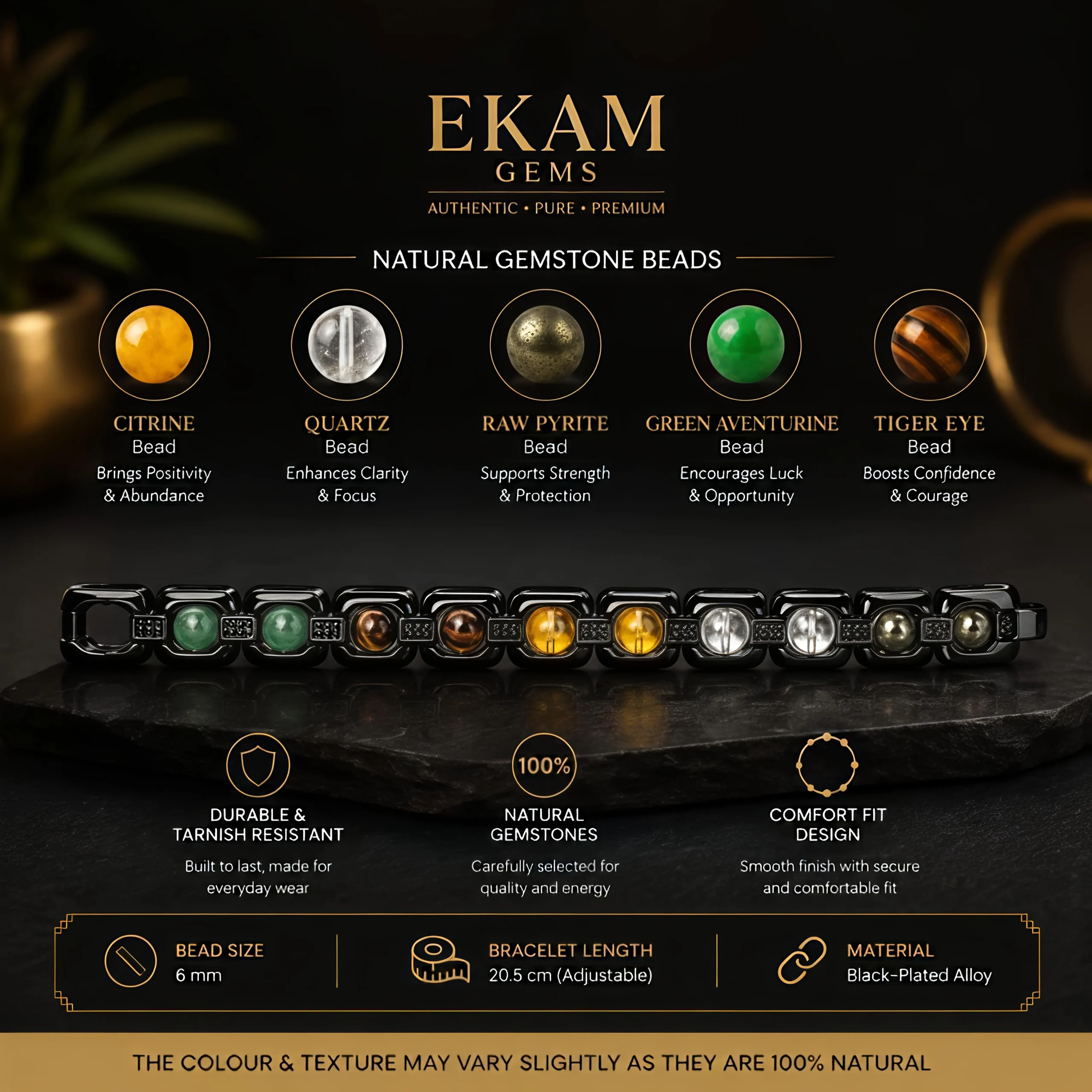 Gemstone details of EKAM GEMS Dhan Yog Bracelet showing Citrine Quartz Pyrite Green Aventurine and Tiger Eye