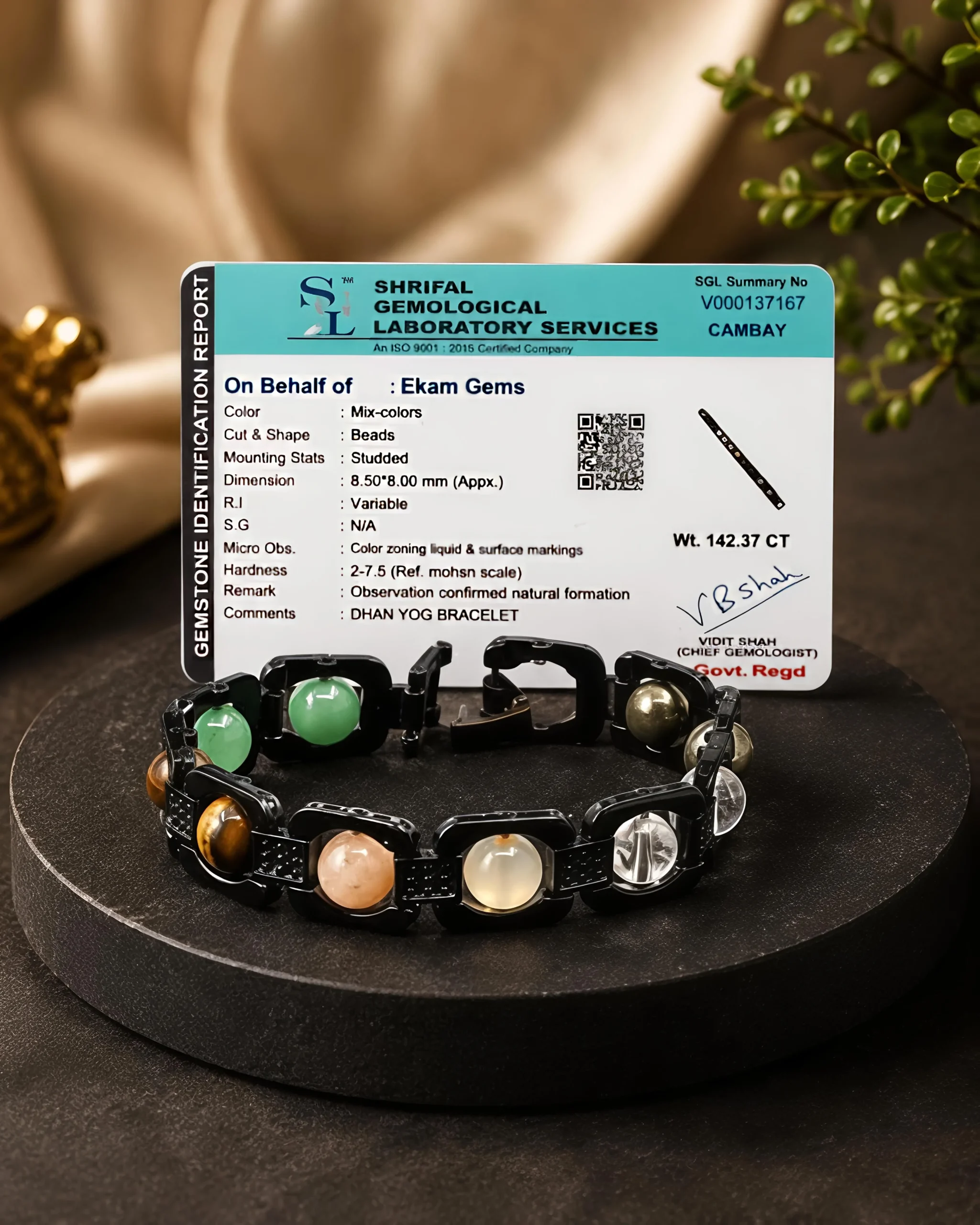 Certification card with EKAM GEMS Dhan Yog Bracelet