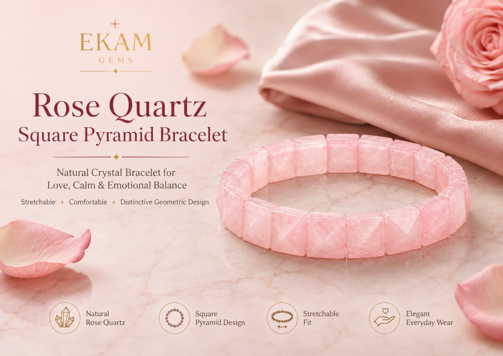 Ekam Gems Rose Quartz Square Pyramid Bracelet for Women & Men