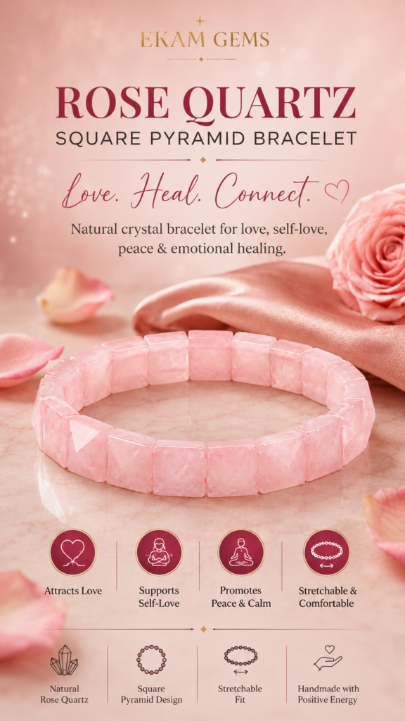 Ekam Gems Rose Quartz Square Pyramid Bracelet for Women & Men